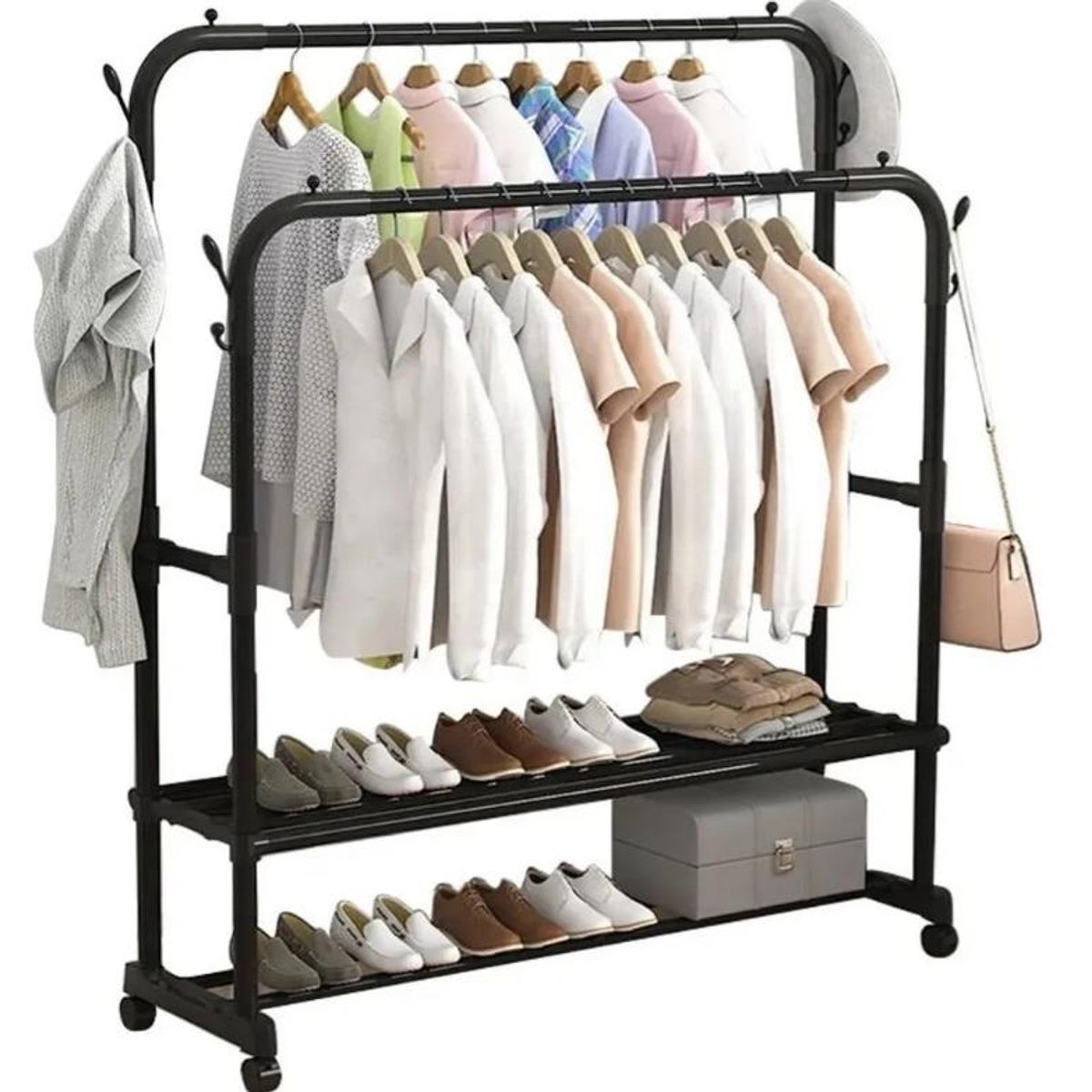 TNAKIEX - Perchero Metálico Doble Barra Con Estante Organizador Ruedas