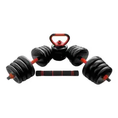 SDFIT - Mancuernas Discos con Union + 2 Bases Rusas + Barra Curva