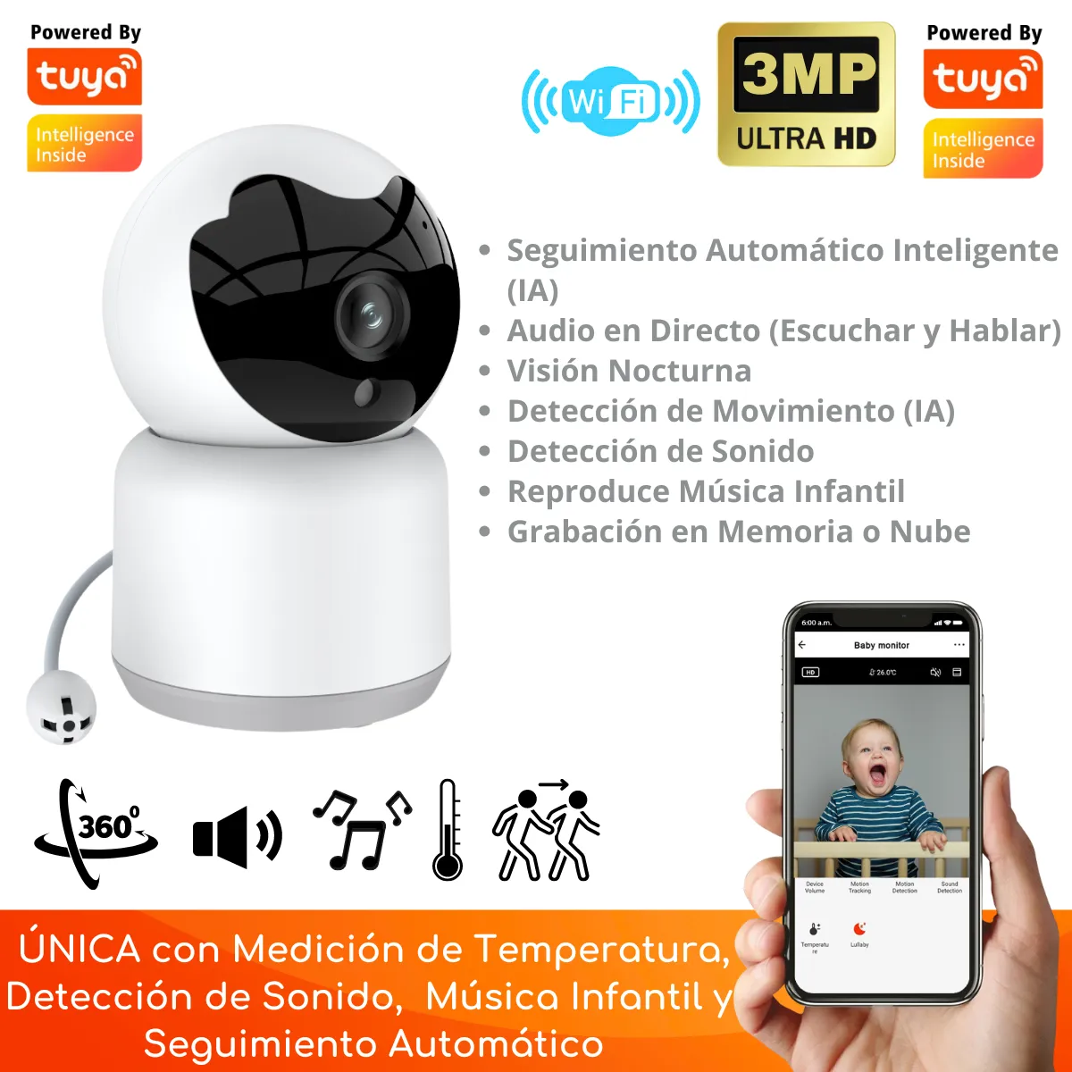 D MOTICA - Cámara Monitor Bebe Wifi Inteligente Full Hd Motorizada