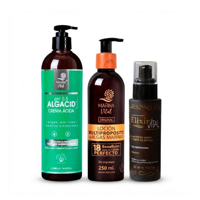 Locion Multiproposito 250, Serum Elixir 60 y Mascara Algacid 500 ml Marina Vital.-