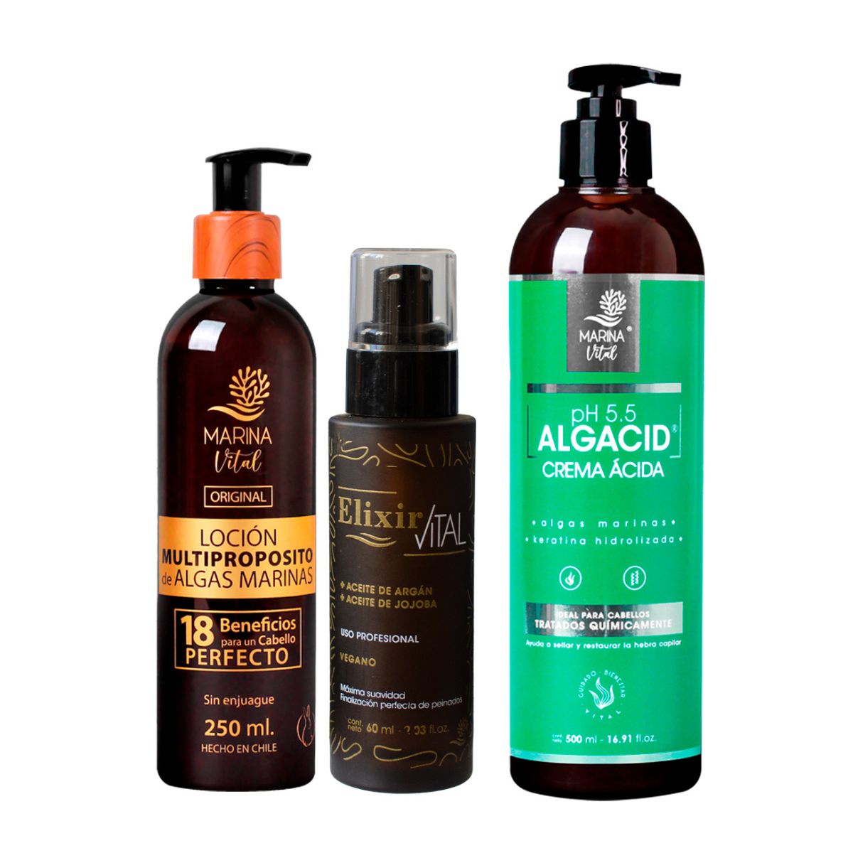 MARINA VITAL - Locion Multiproposito 250, Serum Elixir 60 y Mascara Algacid 500 ml Marina Vital.-