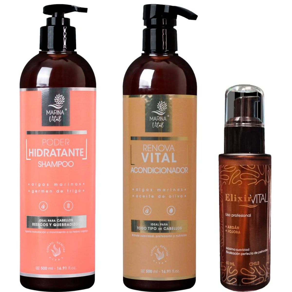 MARINA VITAL - Shampoo Poder Hidratante  Acondicionador y Serum Elixir MARINA VITAL