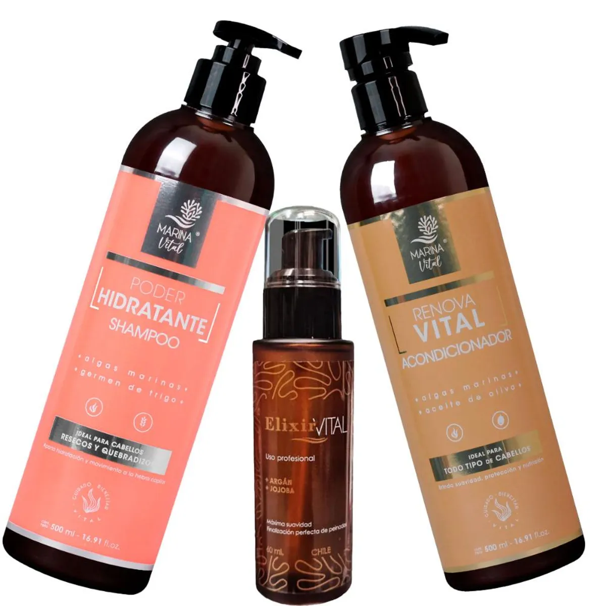 MARINA VITAL - Shampoo Poder Hidratante  Acondicionador y Serum Elixir MARINA VITAL
