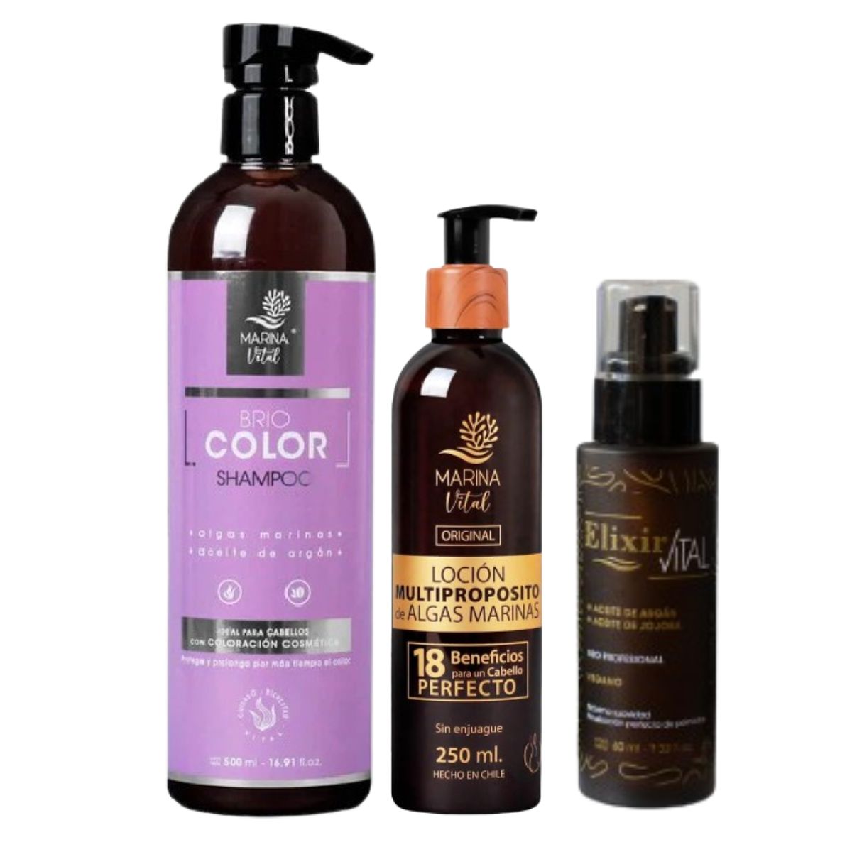 MARINA VITAL - Shampoo Briocolor 500ml Locion Multiproposito 250ml y Serum Elixir 60ml MARINA VITAL