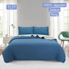 TODOHOGAR SANTIAGO DE CHILE - Cubrecamas Algodón con pompones 1.5 azul