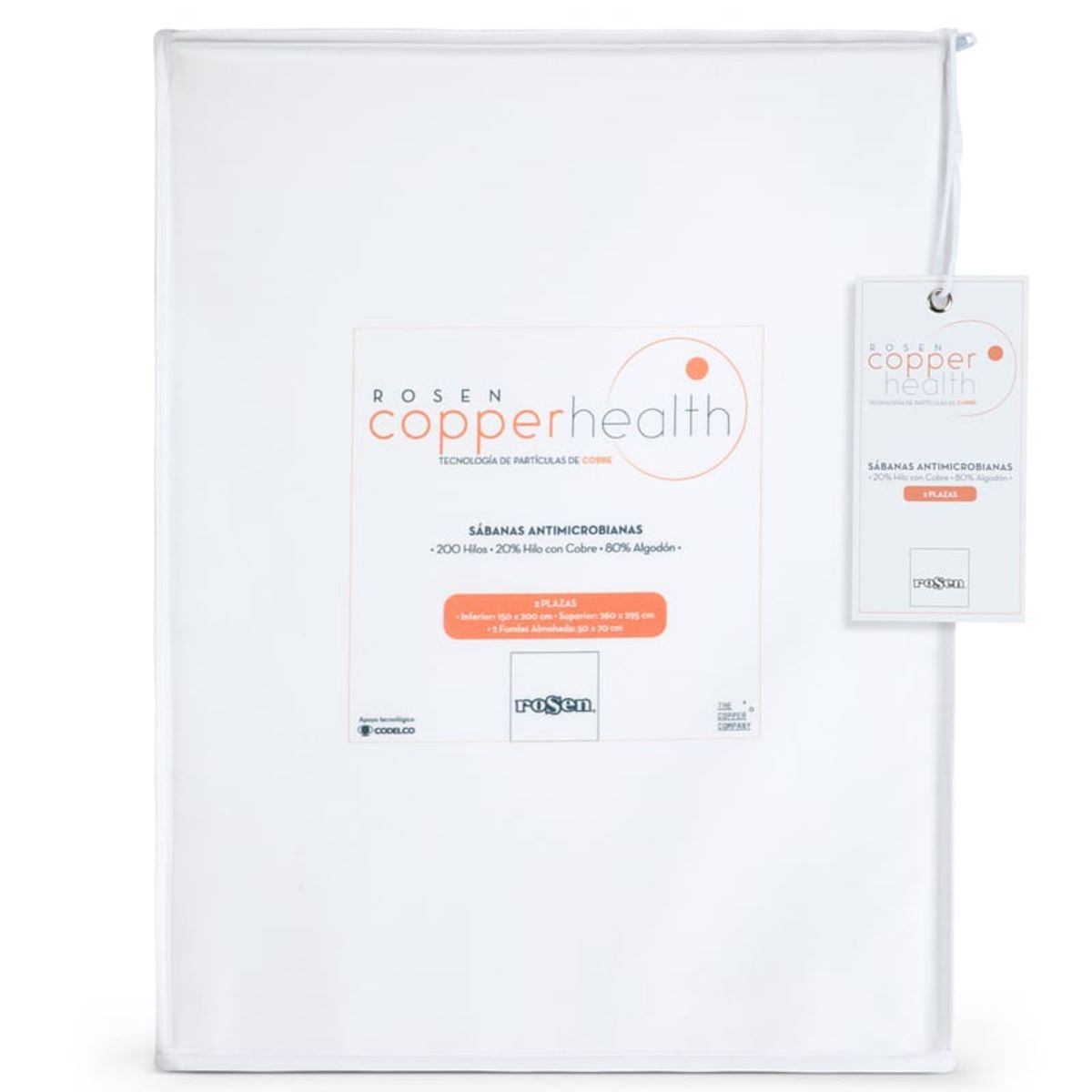 ROSEN - Sábana 200 Hilos Algodón Lisa CopperHealth Blanca 1 Plaza