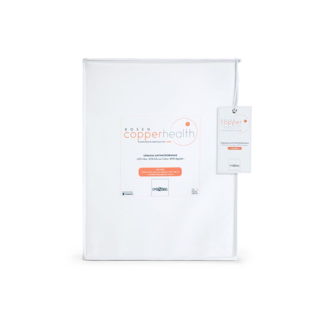ROSEN - Sábana 200 Hilos Algodón Lisa CopperHealth Blanca 1 Plaza