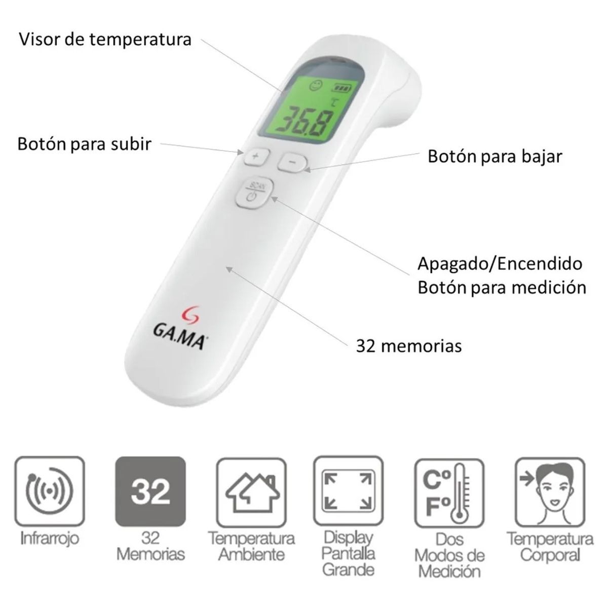 GAMA - Termómetro Digital Gama Infrarrojo Médico Corporal Ambiental