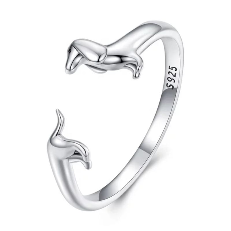 GENERICO - Anillo perro salchicha dachshund plata 925 ajustable mujer joya