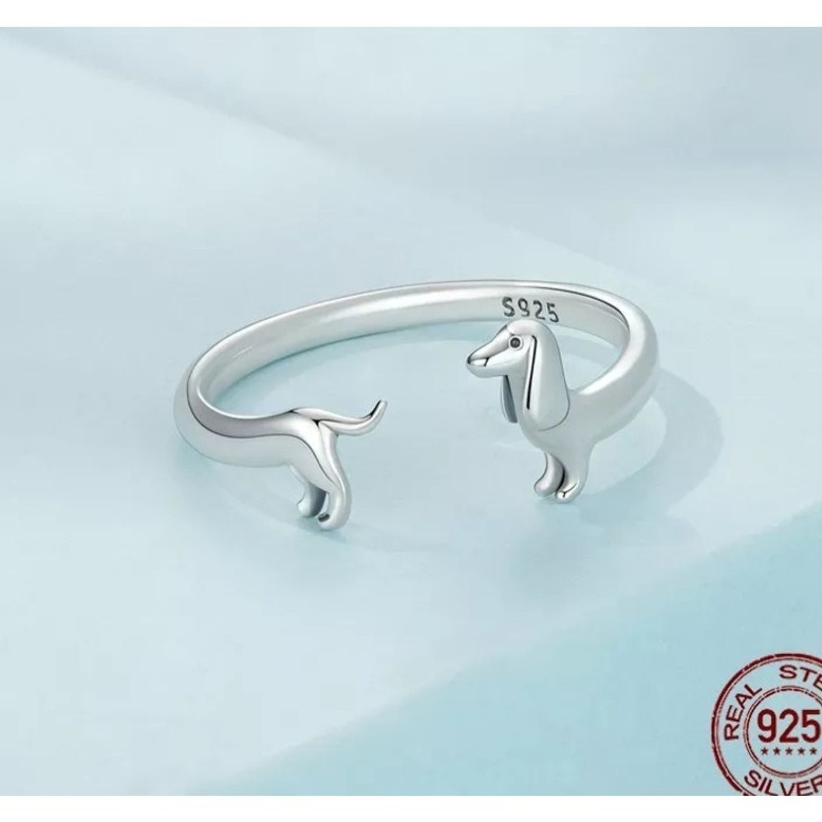 GENERICO - Anillo perro salchicha dachshund plata 925 ajustable mujer joya