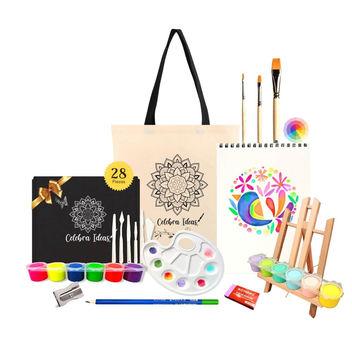 CELEBRA IDEAS - Set de Arte kit pinturas Témperas neón y pastel con atril