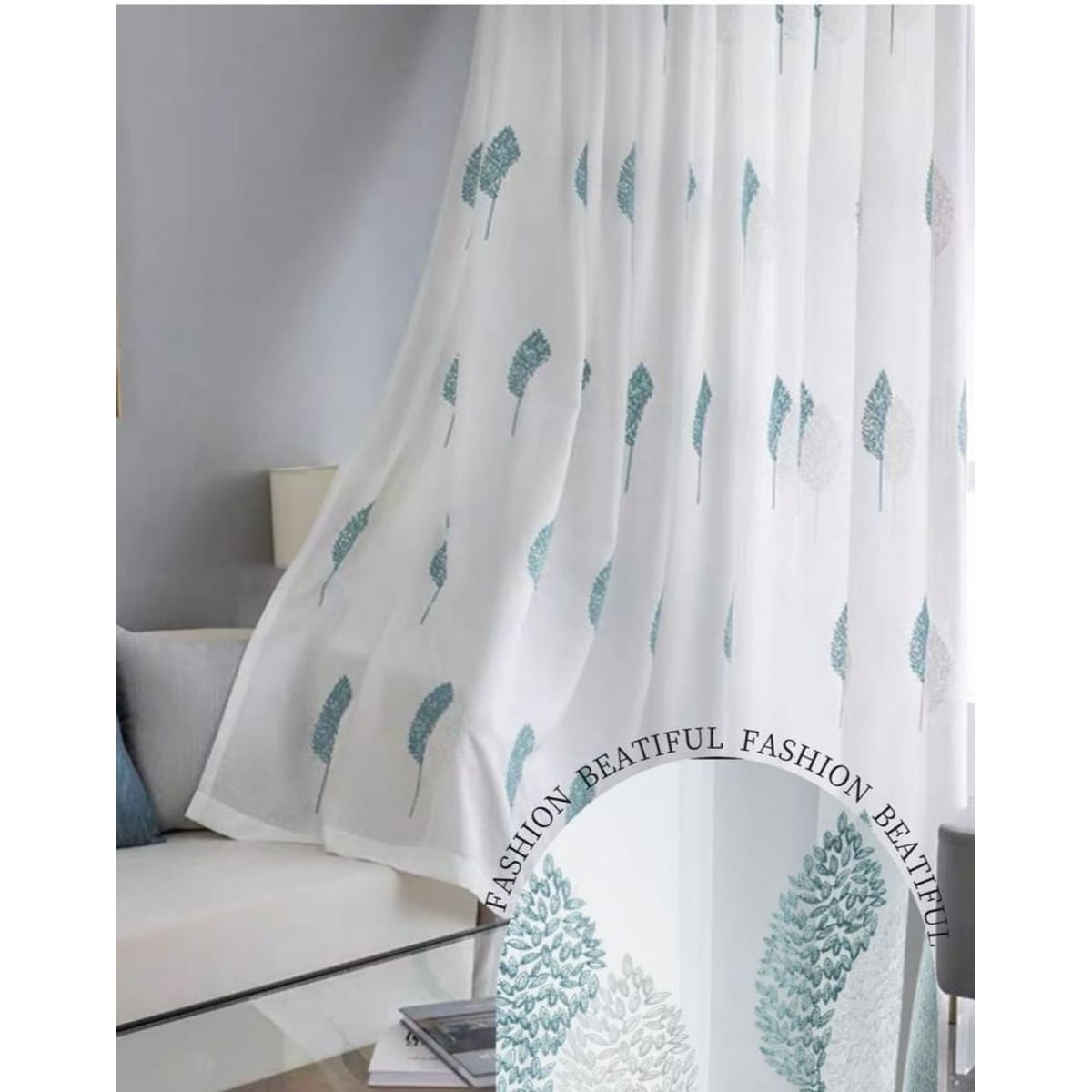 GENERICO - Visillos de hojas turquesa coloridos dos paños