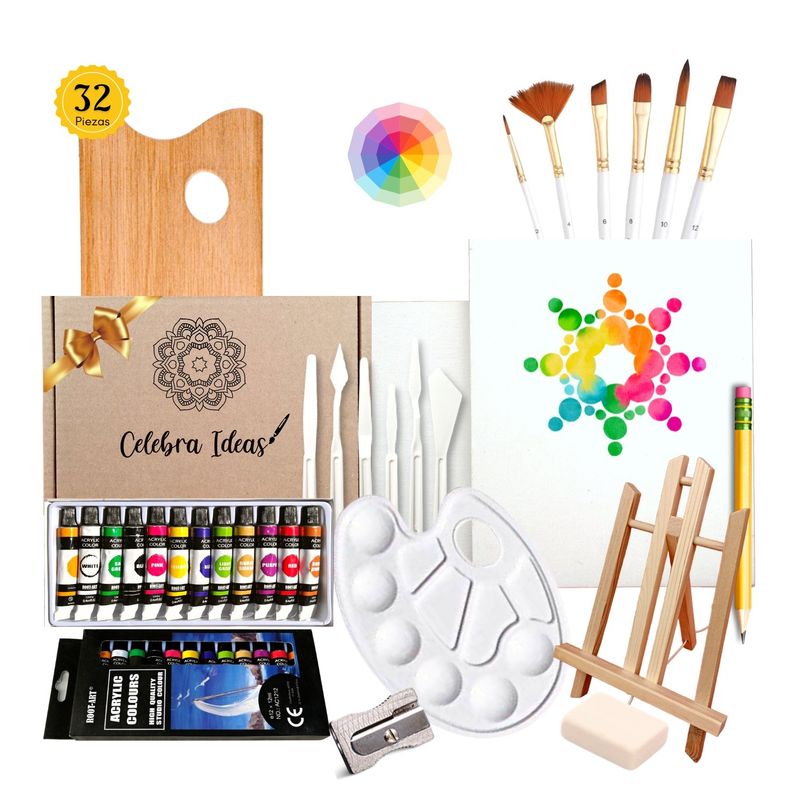CELEBRA IDEAS - Set de Arte pinturas Acrílicos con Atril Kit de Arte 32 pcs.