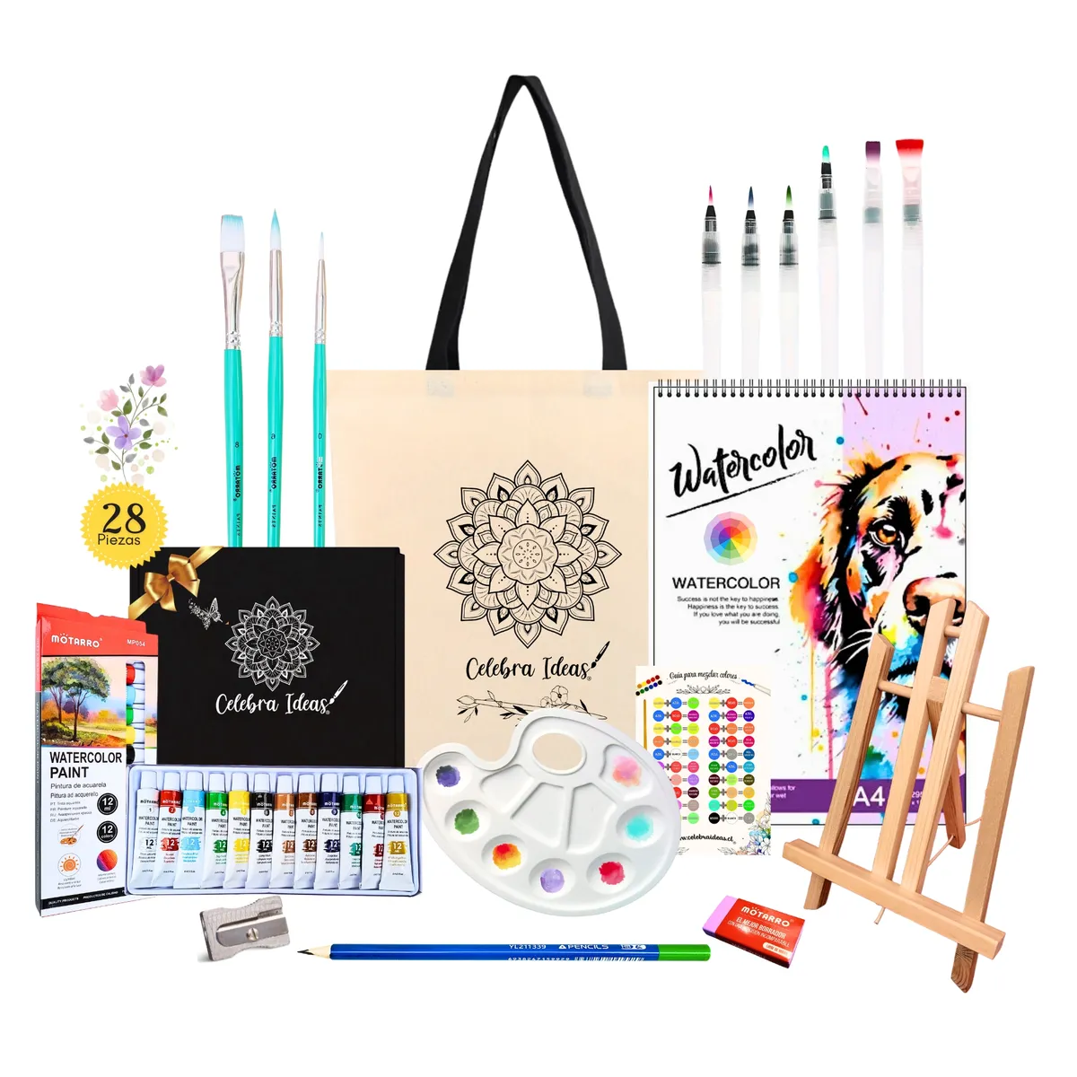 CELEBRA IDEAS - Set kit de Arte Pintura Acuarelas atril croquera pinceles recargables