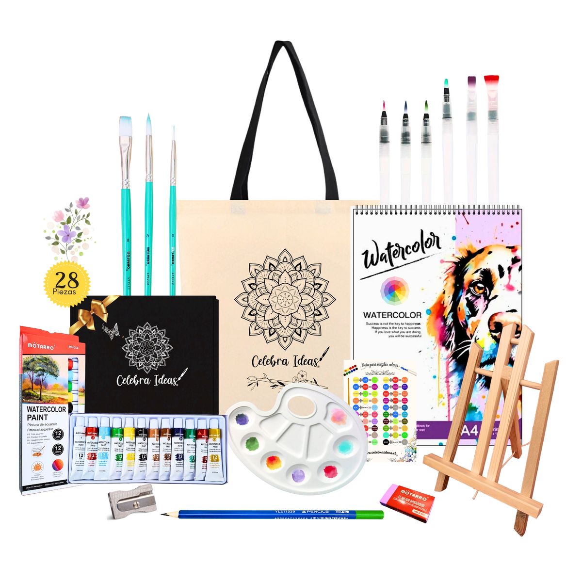 CELEBRA IDEAS - Set kit de Arte Pintura Acuarelas atril croquera pinceles recargables