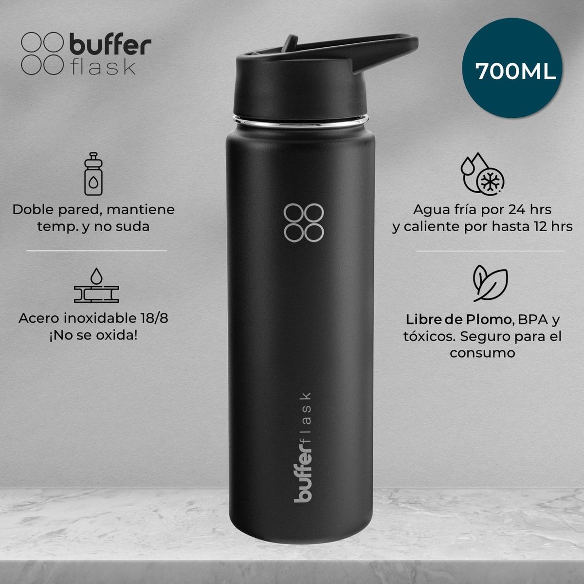 BUFFER FLASK - Termo Botella Agua Termica Acero Inox + Tapas - Dorado oscuro