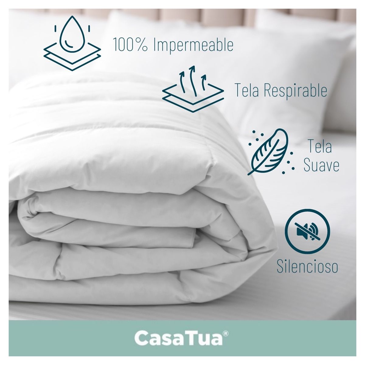 CASATUA - Cubre Colchon Protector Impermeable CasaTua - Blanco - 1,5 Plazas