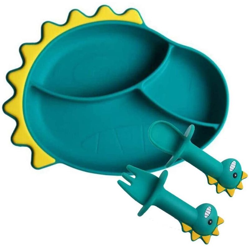 GENERICO - Set Plato y Cubiertos De Silicona Dinosaurio
