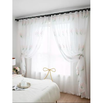 Imagen 2 del producto Visillos bordados con ramas rosadas incluye dos paños