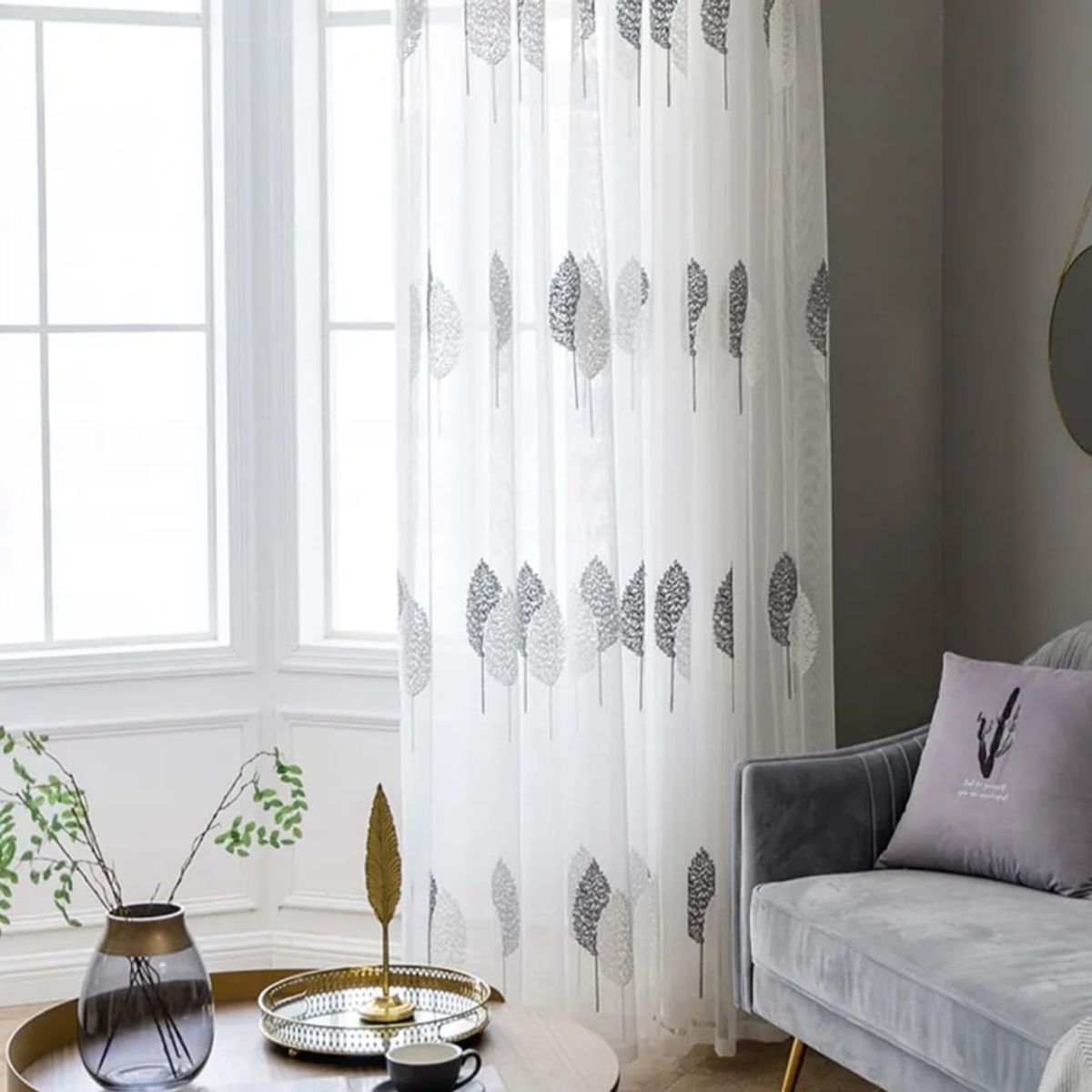 GENERICO - Visillos gris Flores bordadas pack dos paños