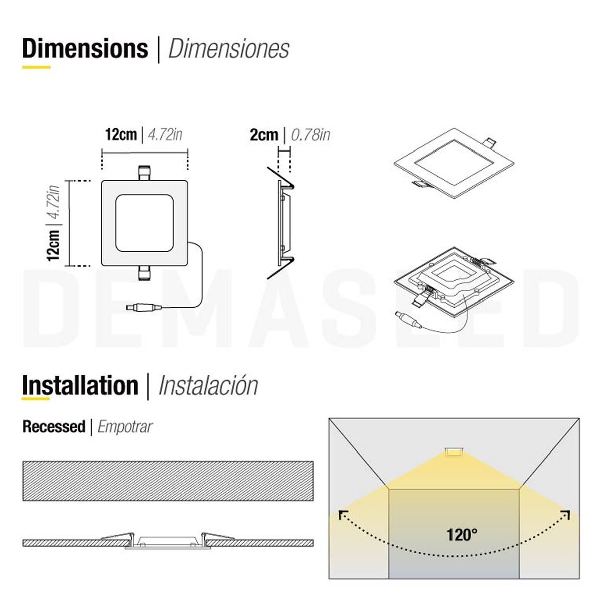 DEMASLED - Foco LED cuadrado blanco Embutido de 12x12cm 6W Blanco Cálido