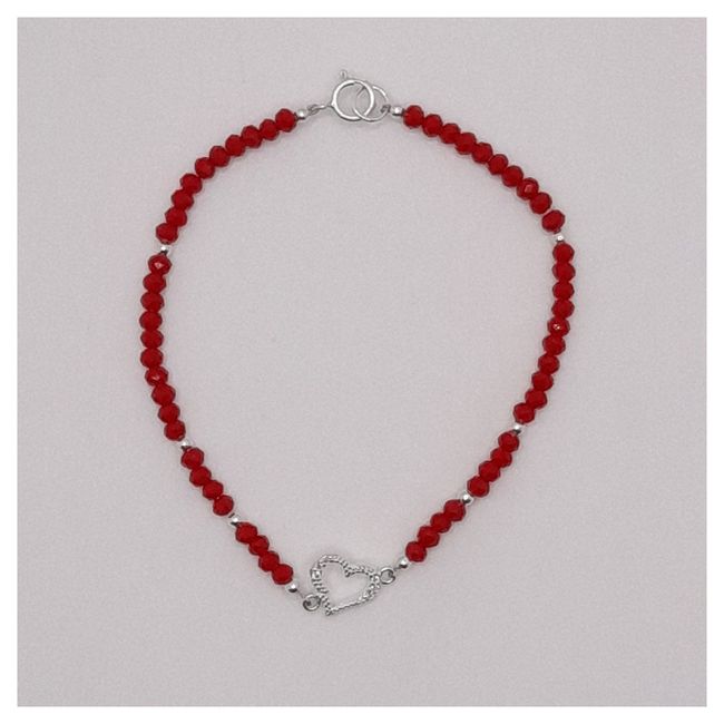 CAT JOYAS - Pulsera cristales rojos con corazón de plata con circones