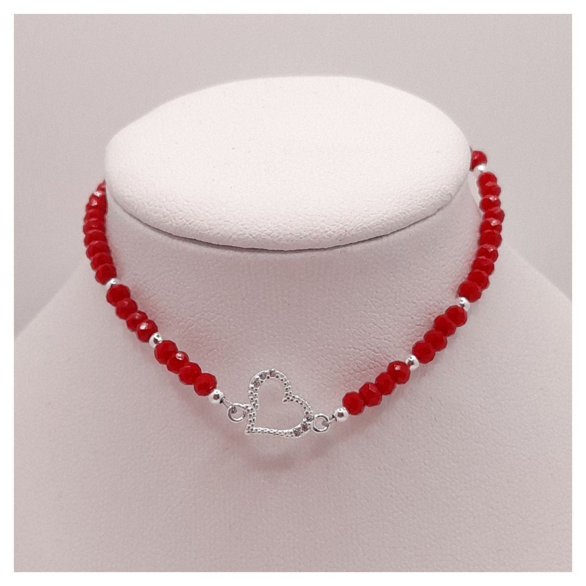 CAT JOYAS - Pulsera cristales rojos con corazón de plata con circones