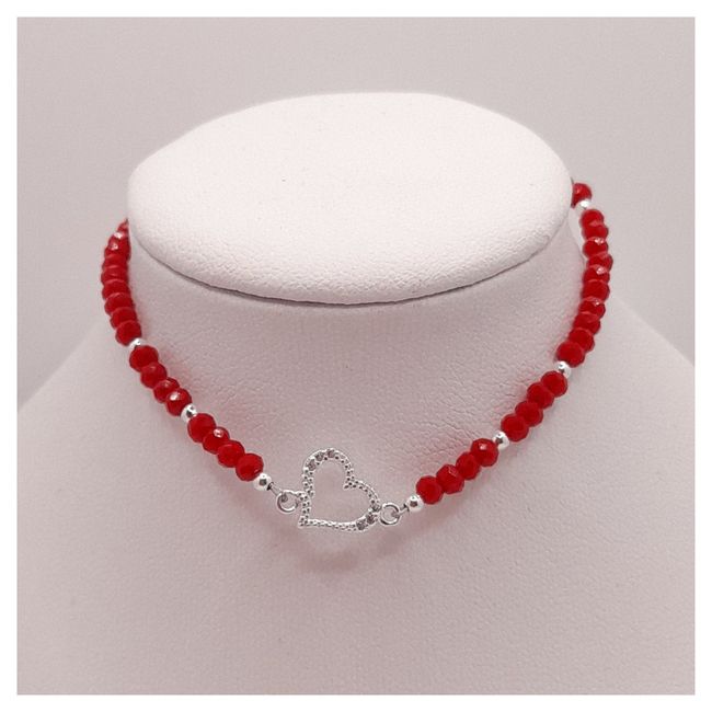 CAT JOYAS - Pulsera cristales rojos con corazón de plata con circones