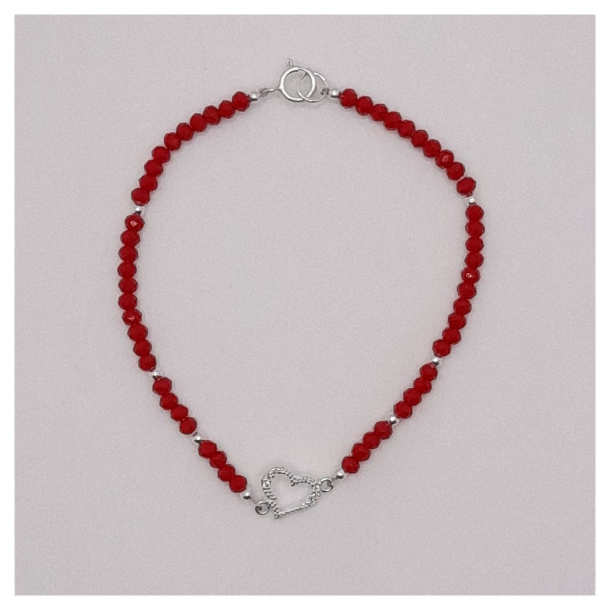CAT JOYAS - Pulsera cristales rojos con corazón de plata con circones