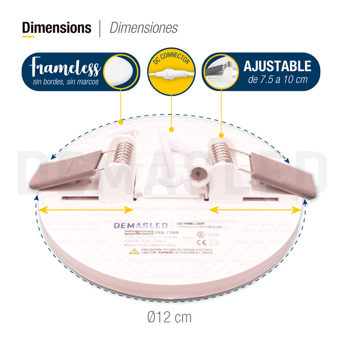 DEMASLED - Panel Led Redondo Embutido 12W Blanco  Cálido