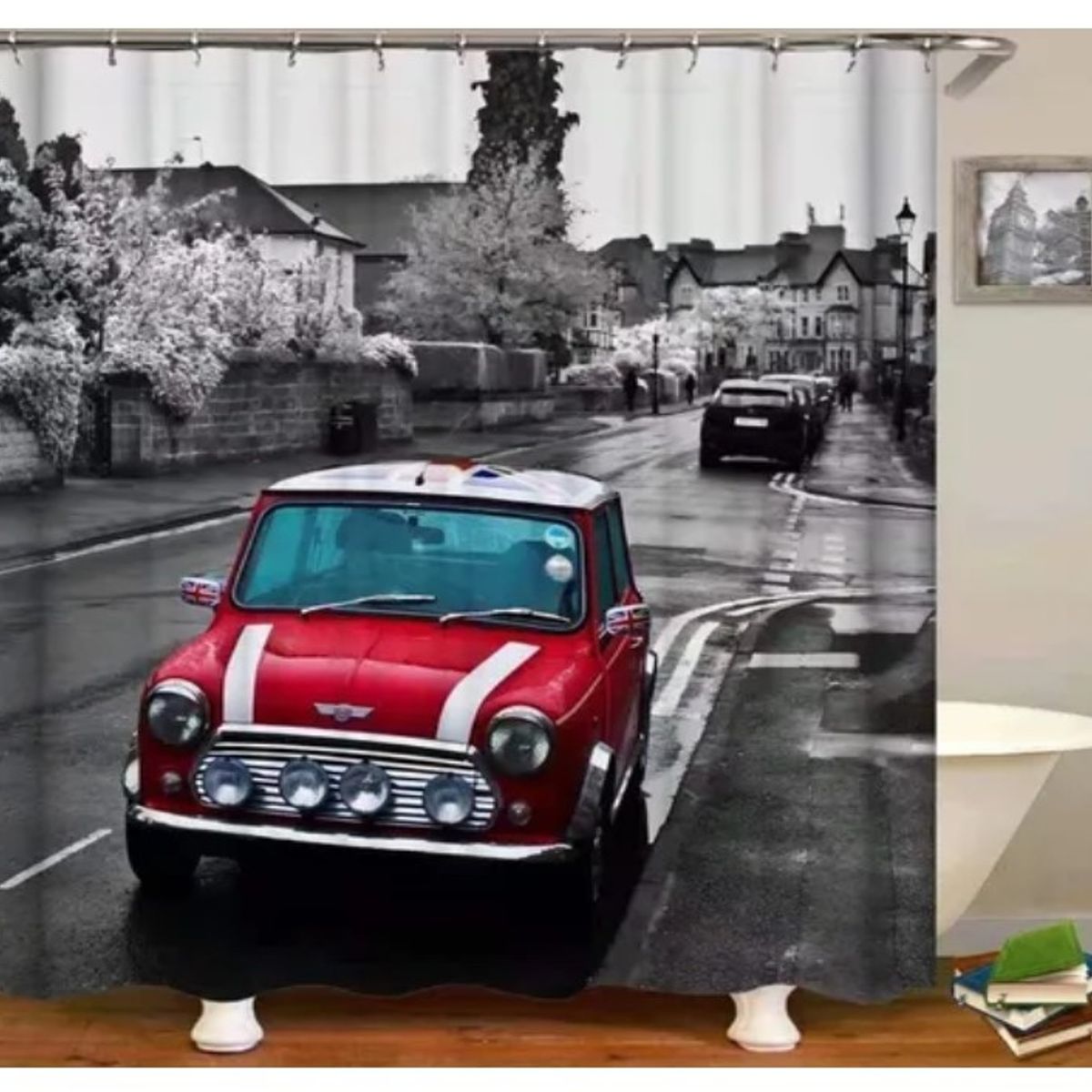 GENERICO - Cortina Baño Impermeable Mini Inglés más 12 Ganchos de regalo