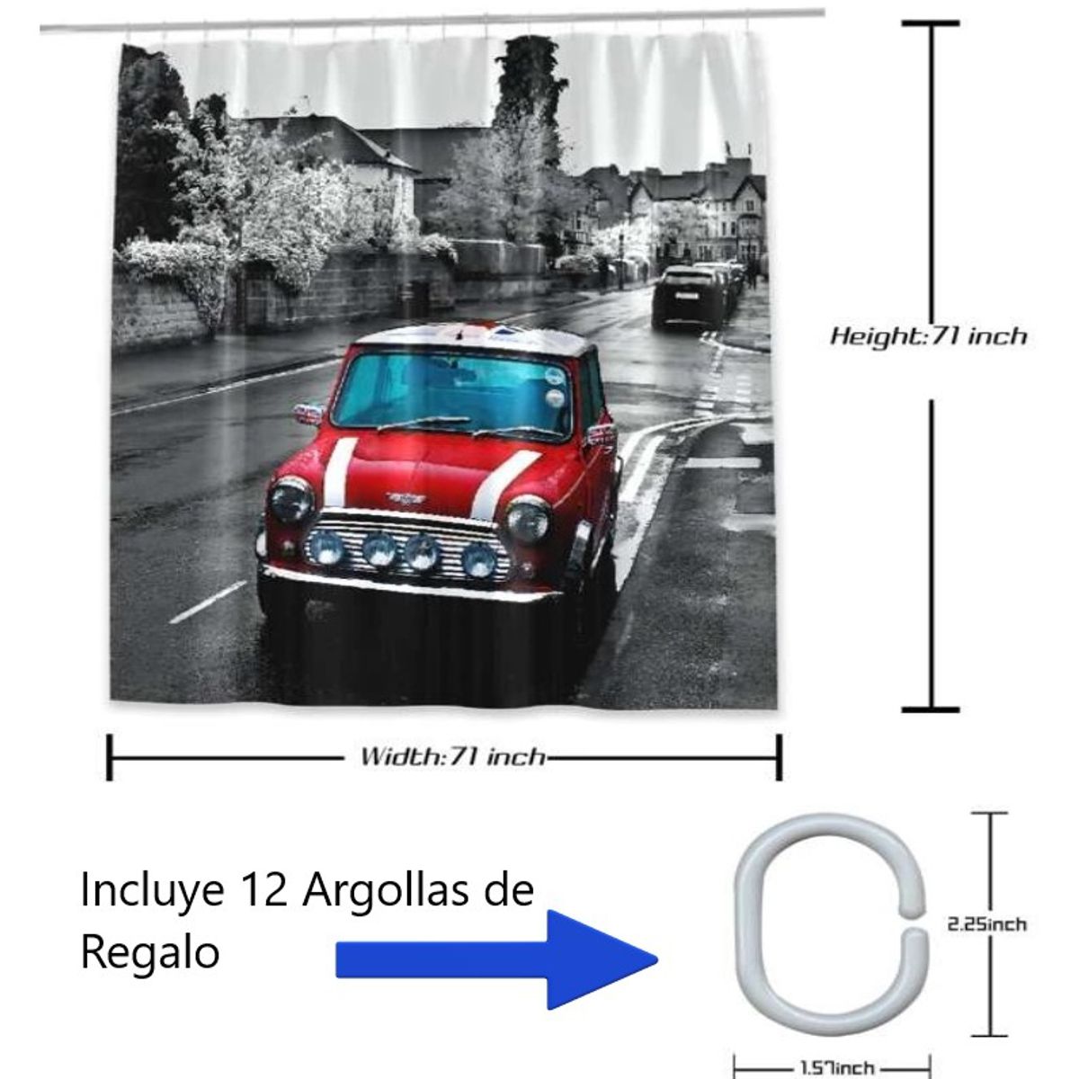 GENERICO - Cortina Baño Impermeable Mini Inglés más 12 Ganchos de regalo