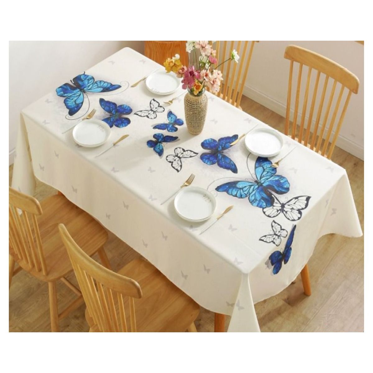 GENERICO - Mantel Antimanchas Mod. Mariposas Azules 140 X 220 Cm Rectangular