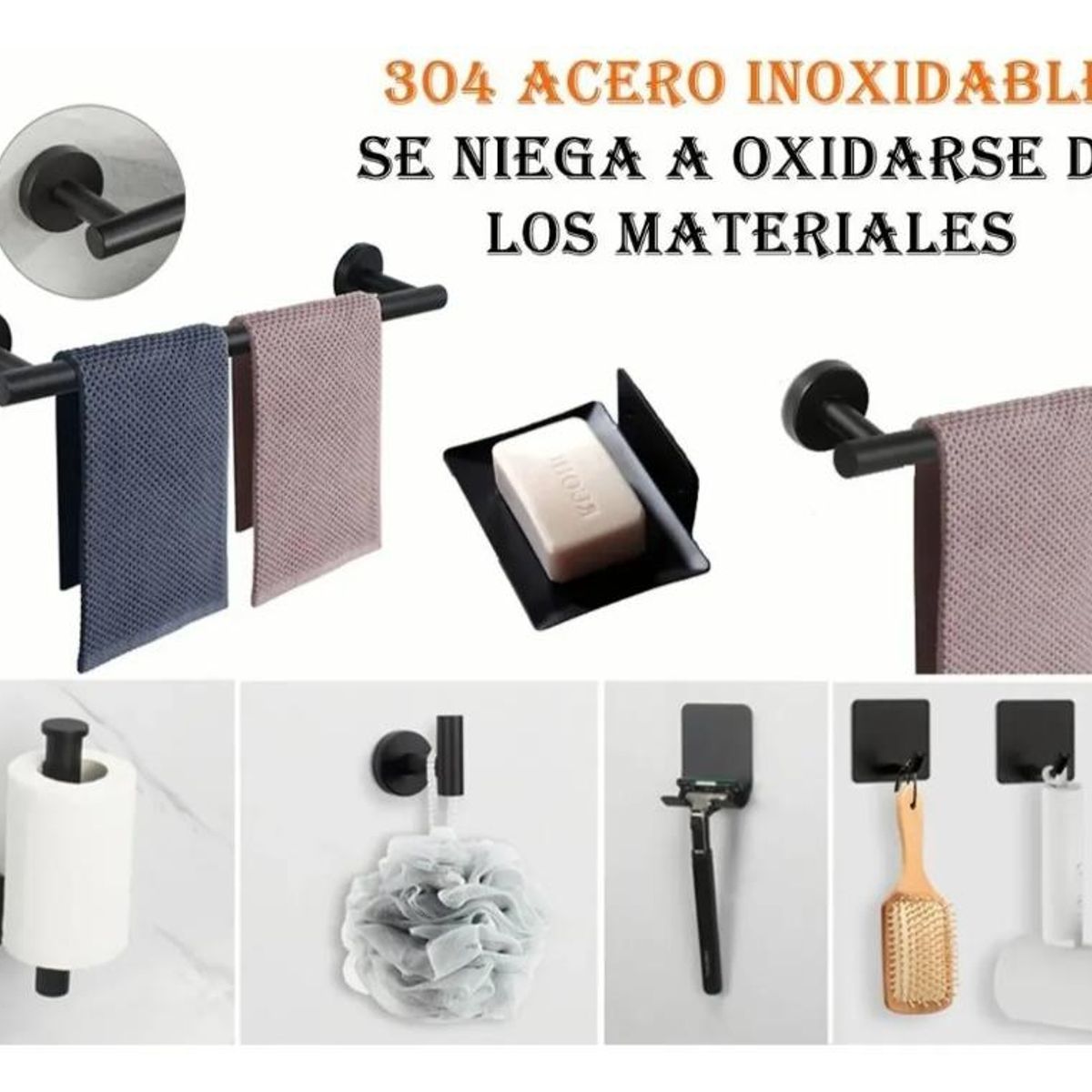 TNAKIEX - Juego Accesorios Para Baño Negro Mate Inoxidable 304 7piezas
