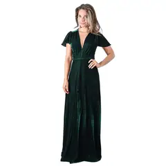 MARIA PASKARO - Vestido Largo York Verde Terciopelo Mangas - Verde