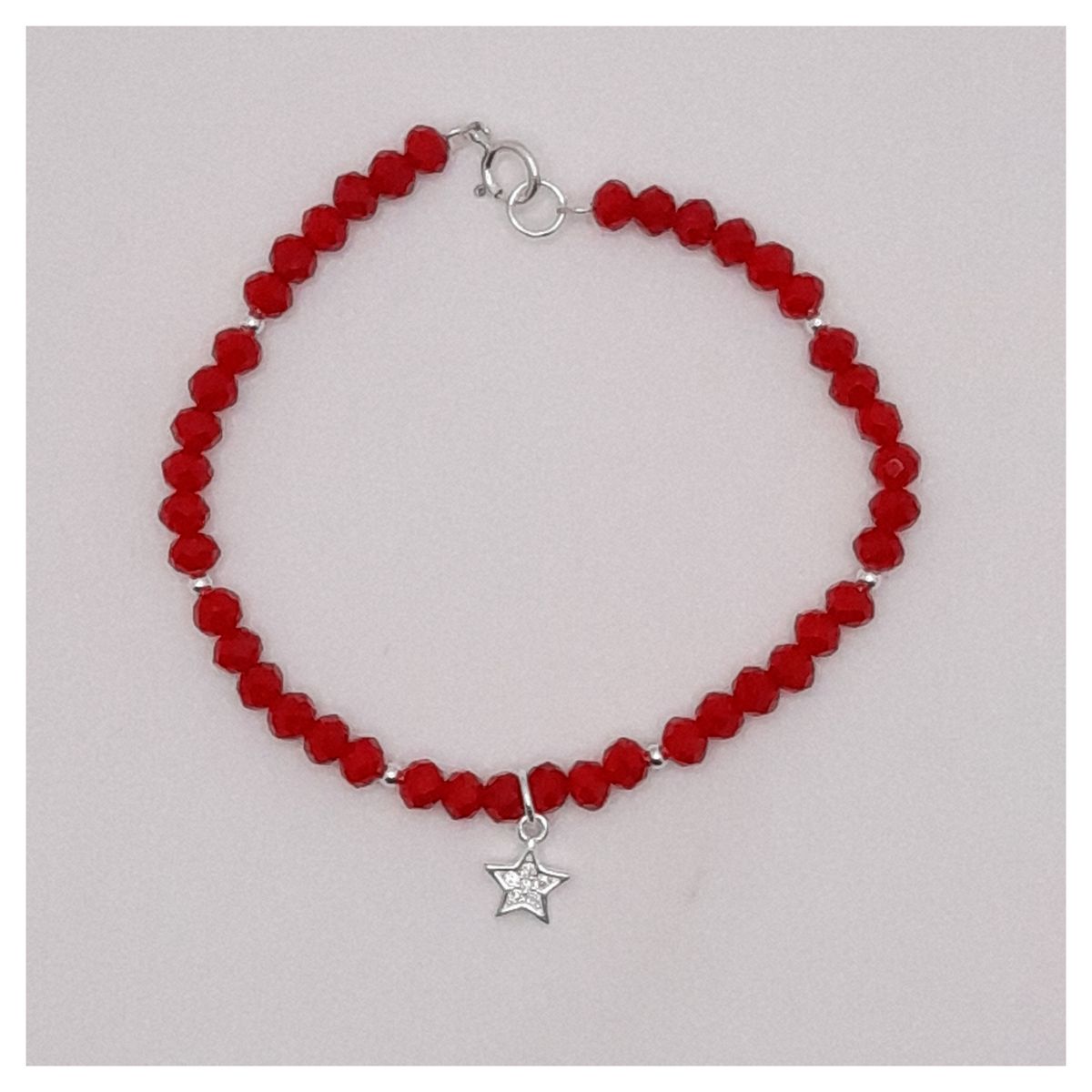 CAT JOYAS - Pulsera cristales rojos con broche bolitas y estrella con circones de plata