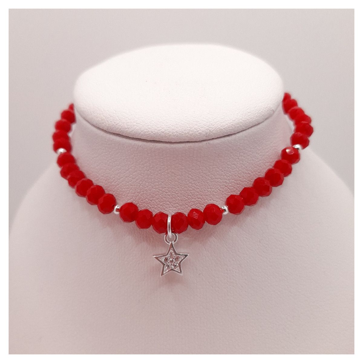 CAT JOYAS - Pulsera cristales rojos con broche bolitas y estrella con circones de plata