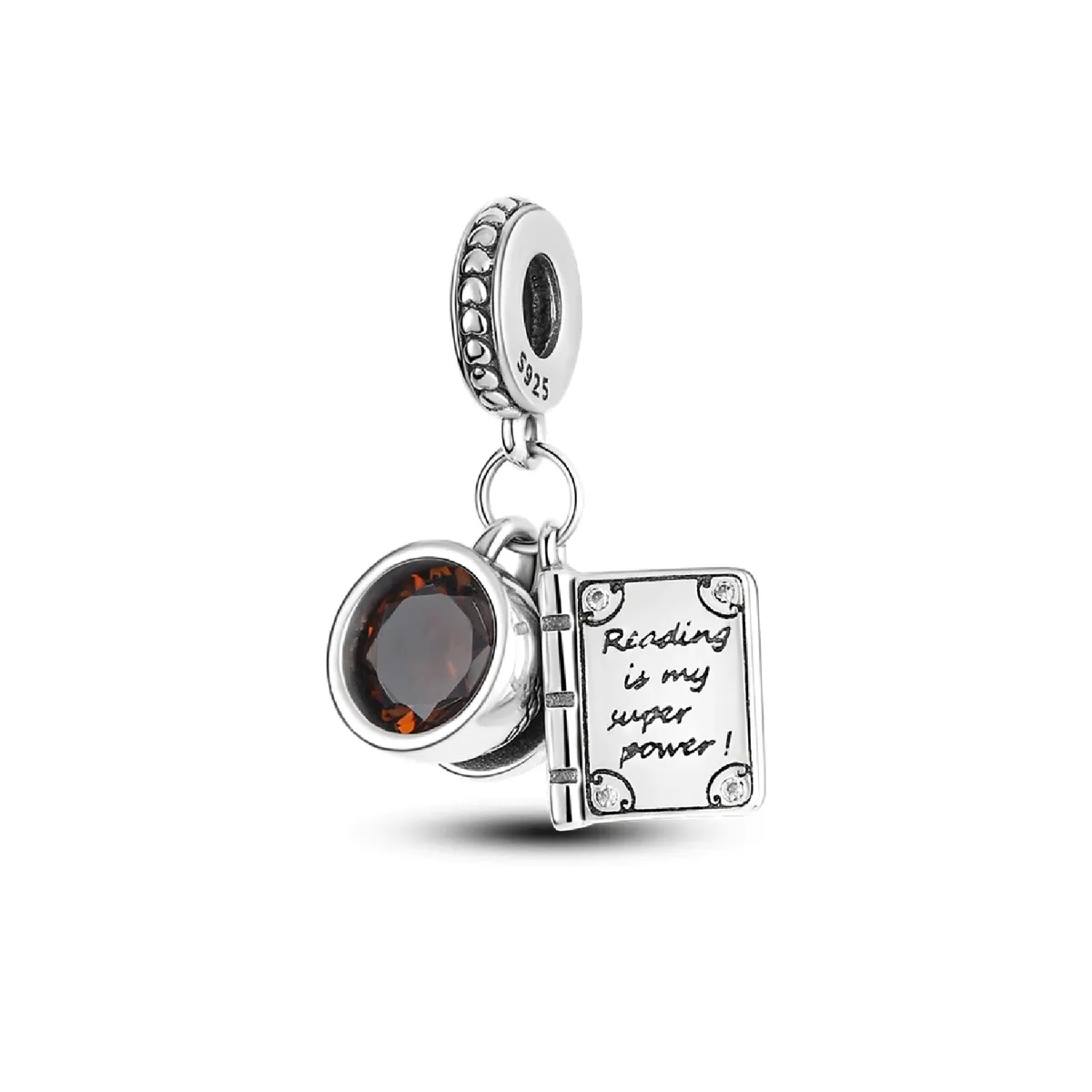 SILVER HEART - Charm Doble Taza de Café y Libro en Plata Fina 925 SILVER HEART