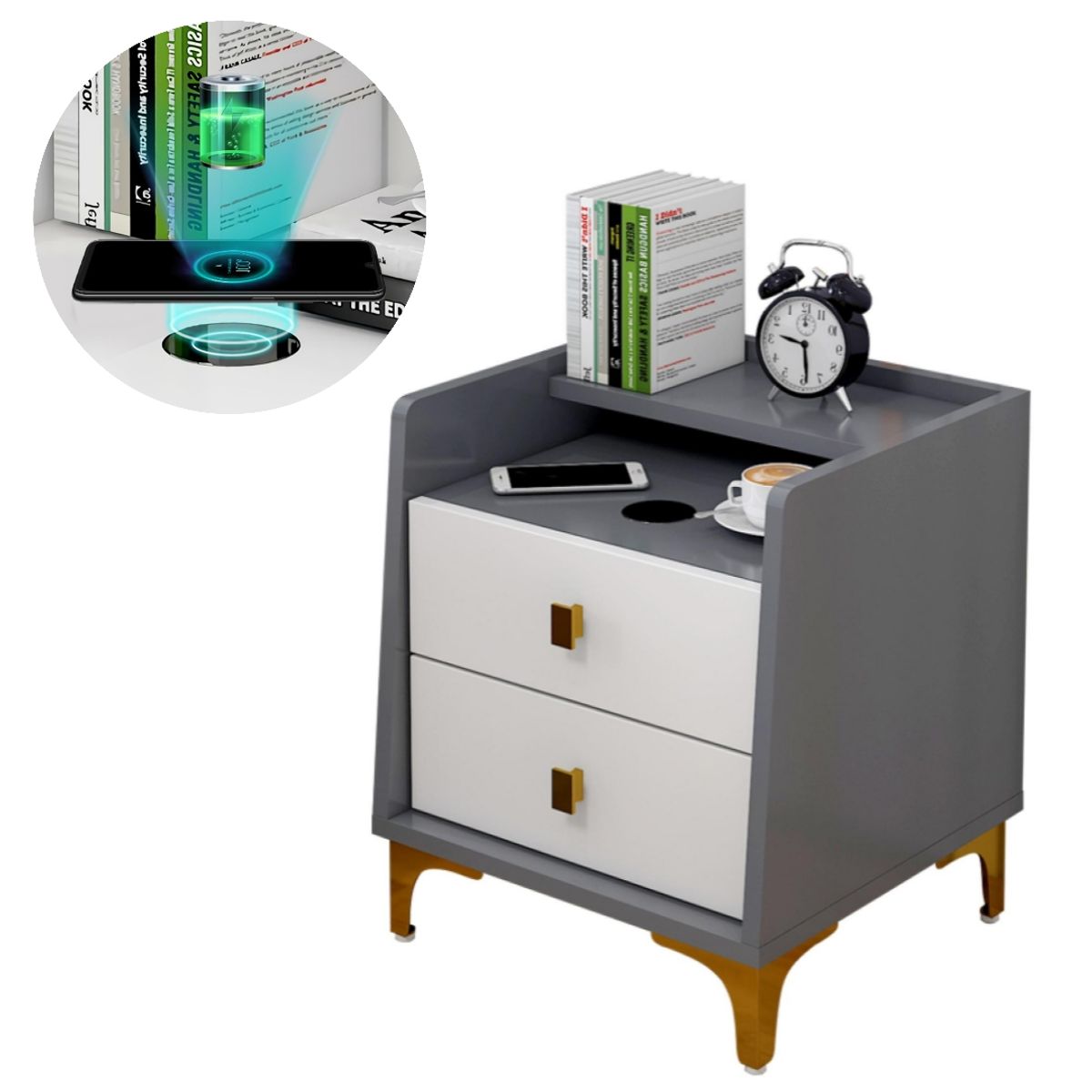 HOMER DESIGN - Velador 2 Niveles Con Cargador Inalambrico 40*34*50 Doble