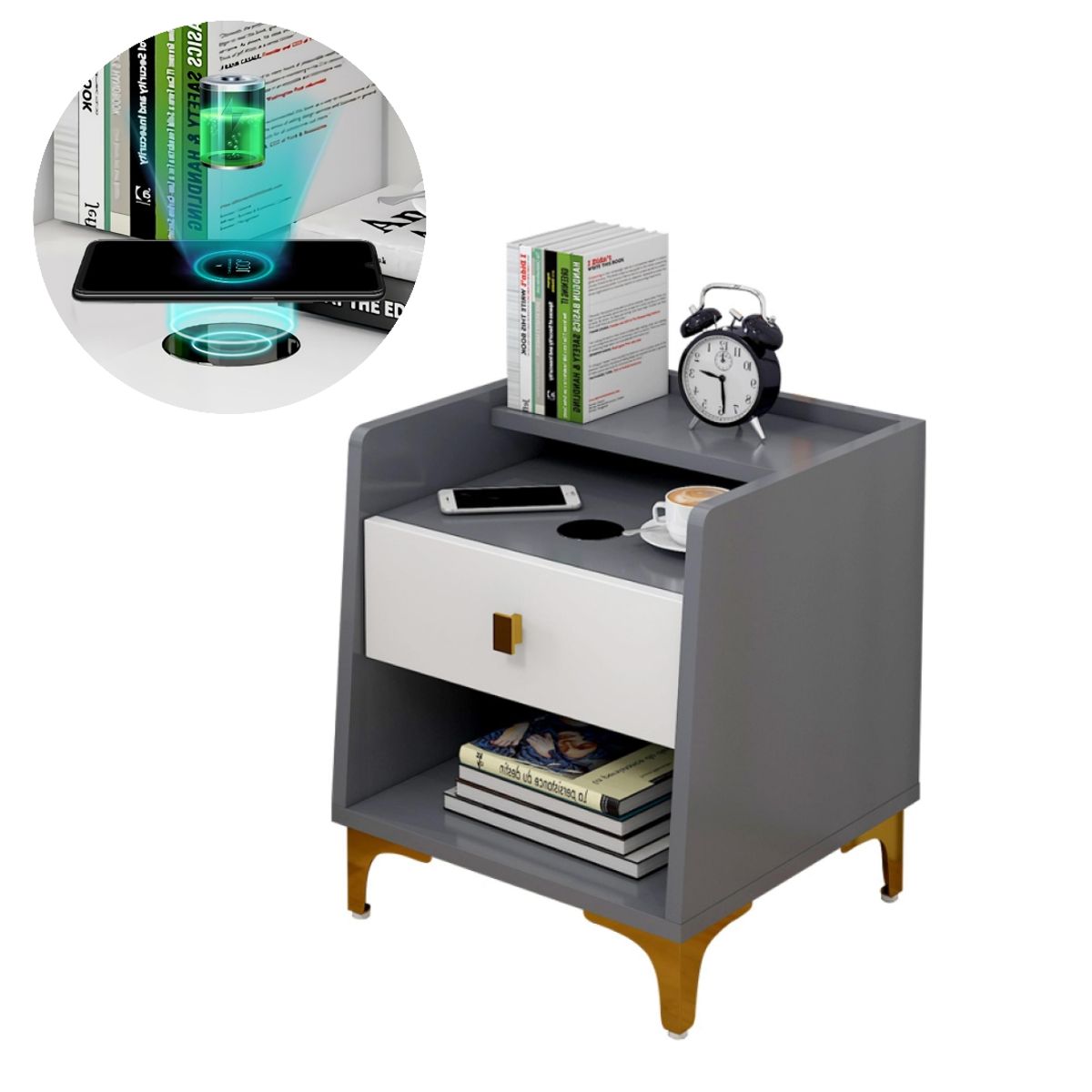 HOMER DESIGN - Velador 2 Niveles Con Cargador Inalambrico 40*34*50 Homer