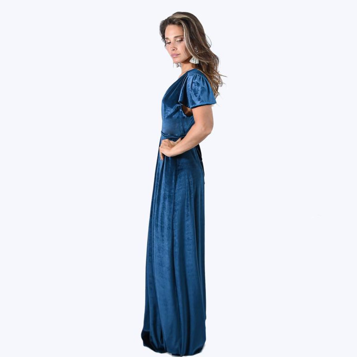 MARIA PASKARO - Vestido Largo York Petroleo Terciopelo Mangas  Maria Paskaro - Azul.-