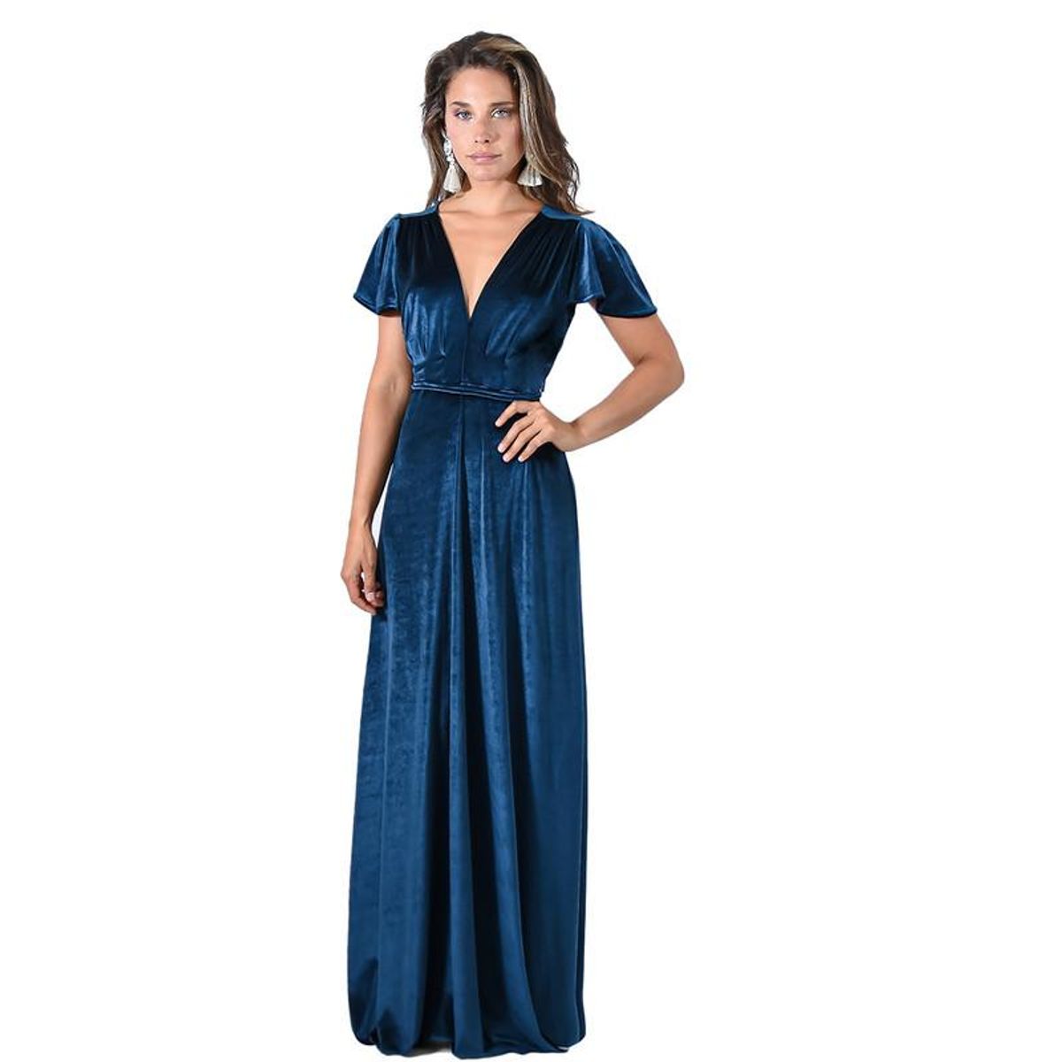 MARIA PASKARO - Vestido Largo York Petroleo Terciopelo Mangas  Maria Paskaro - Azul.-