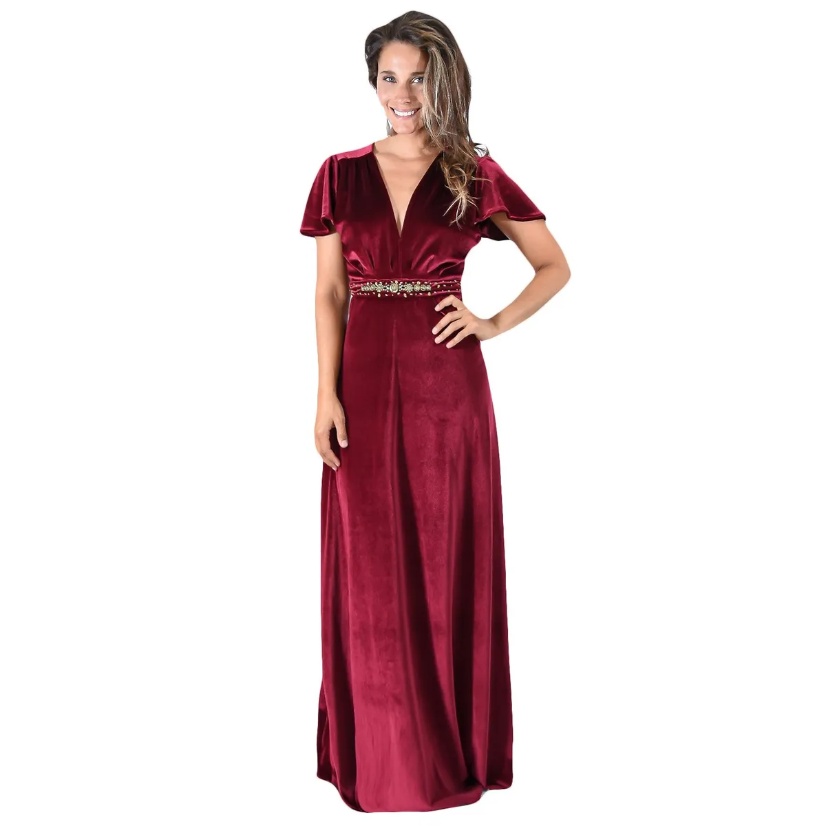 MARIA PASKARO - Vestido Largo York Burdeo Terciopelo Mangas Maria Paskaro MARIA PASKARO