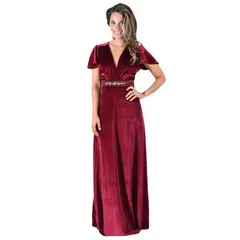 MARIA PASKARO - Vestido Largo York Burdeo Terciopelo Mangas