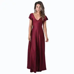 MARIA PASKARO - Vestido Largo Mangas Burdeo Lycra Lazo Espalda