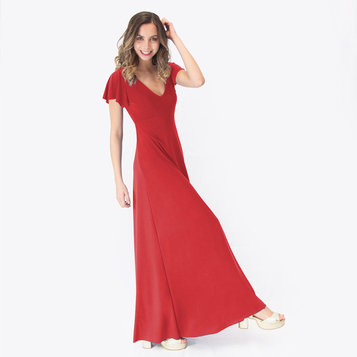 MARIA PASKARO - Vestido Largo Mangas Rojo Furioso Lycra Lazo Espalda Maria Paskaro MARIA PASKARO