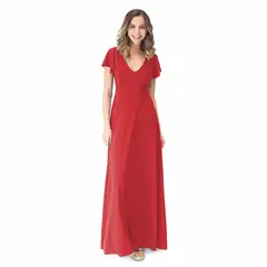 MARIA PASKARO - Vestido Largo Mangas Rojo Furioso Lycra Lazo Espalda