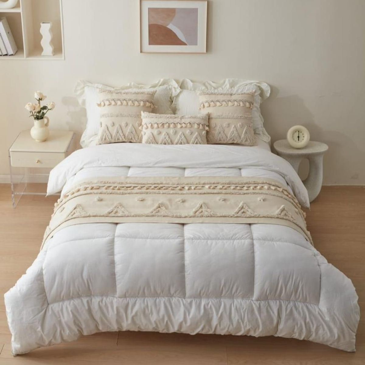 GENERICO - Piecera beige dos fundas de cojín para dormitorio