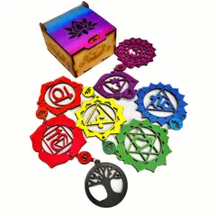 GENERICO - Set 7 chakras mandalas pintados decoración de pared + cajita de regalo