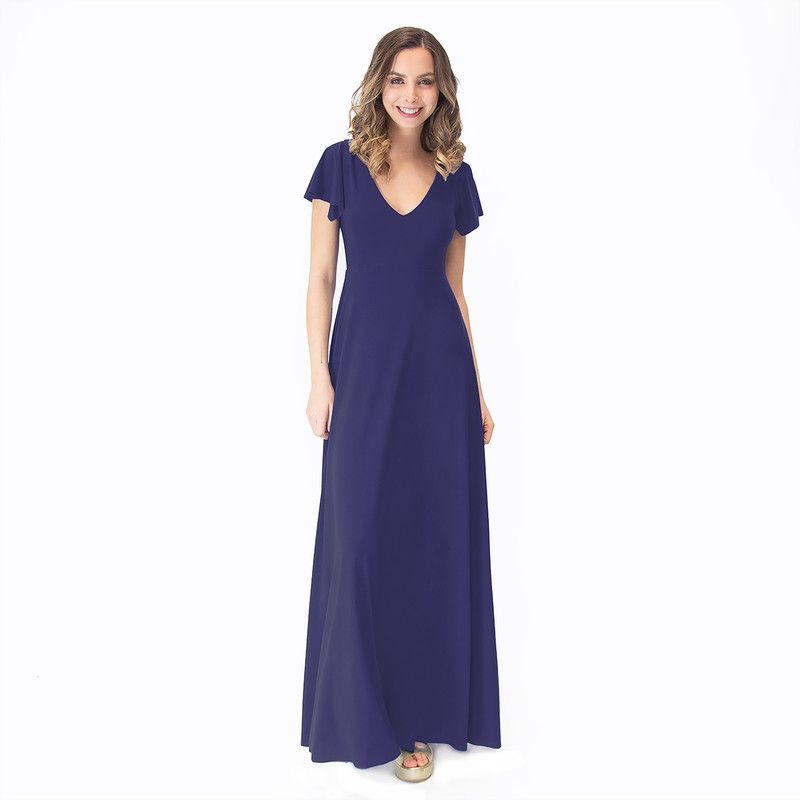 MARIA PASKARO - Vestido Largo Mangas Azul Marino Lycra Lazo Espalda Maria Paskaro